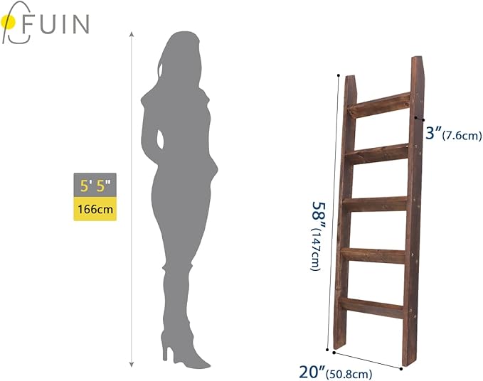 FUIN 5ft (58") Wood Blanket Ladder Living Room Decorative Wall Leaning Farmhouse Quilt Display Holder Rustic Wooden Towel Rack for Bathroom, Brown