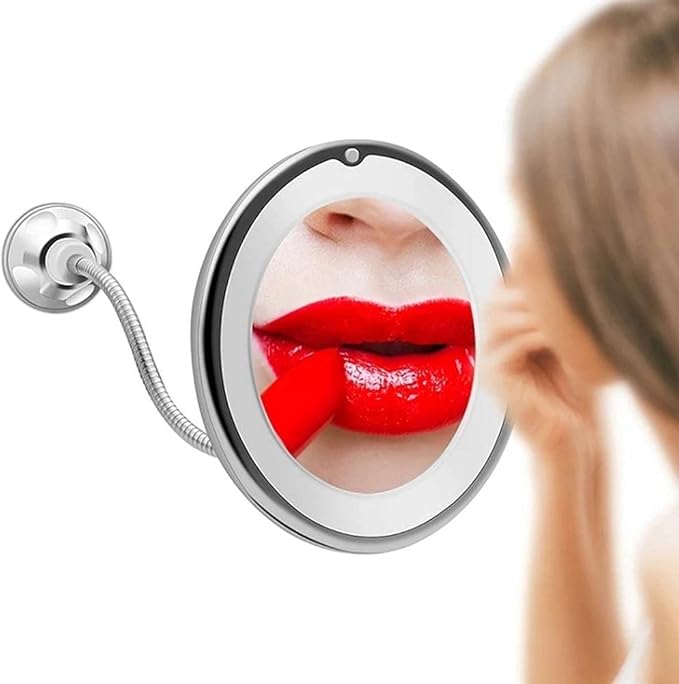 Makeup Mirror with LED Light and Suction Cup 360 Degree Swivel Flexible Gooseneck 10X Magnifying Mirror Travel and Home Bathroom Vanity Mirror (White)