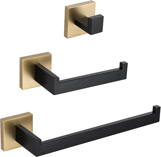 TURS 3-Piece Bathroom Hardware Set Black and Gold Hand Towel Holder Toilet Paper Holder Towel Hook Stainless Steel Towel Bar Set Wall Mounted