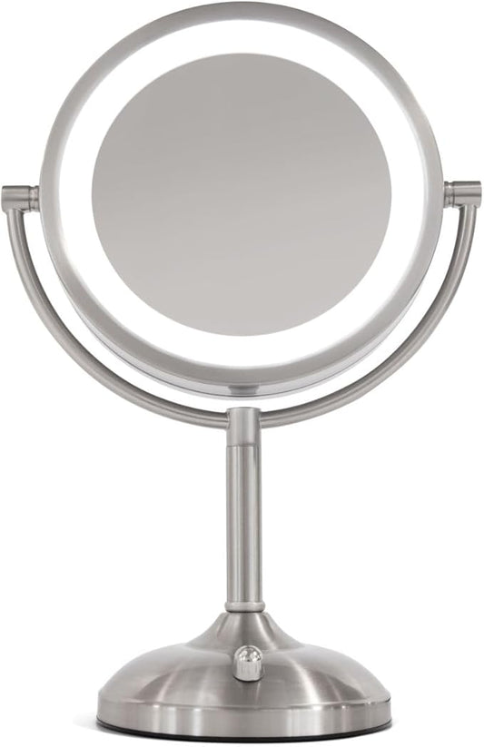 JERDON Lighted Tabletop Mirror with 10X/1X Magnification - LED Lighted Makeup Mirror with Multiple Light Settings in Nickel Finish - 8.5-Inch Diameter Vanity Mirror - Model JS8510BN