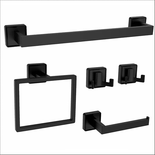 5-Piece Square Matte Black Bathroom Hardware Set - Wall Mounted Towel Bar Bath Accessories