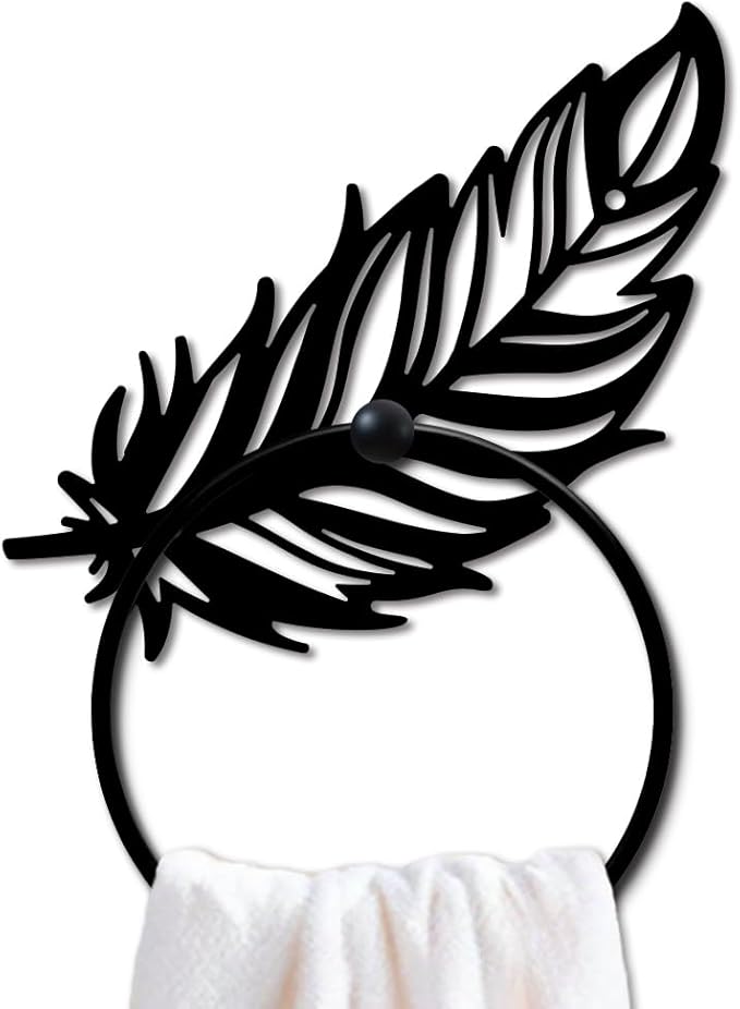 MAYJOYDIY Feather Metal Towel Ring Large Fantasy Feather Towel Holder for Wall Animal Feather Wall Decor Towel Hanger Black Art Towel Rack Wall Mounted for Bathroom Kitchen Home Decors Gift