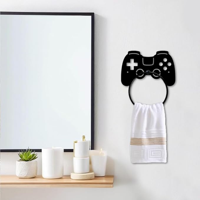 MAYJOYDIY Game Controller Metal Towel Ring Gamepad Shaped Sign Towel Holder for Gamer Room Decor Gamepad Black Art Towel Rack Wall Mounted for Bathroom Kitchen Home Boys Room Decors Gift