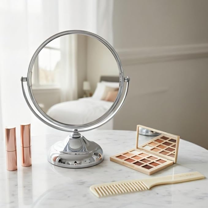 Small Tabletop Magnifying Mirror - 5.5” Diameter Mirror with 5X-1X Magnification - Chrome Finish - Model MC247C