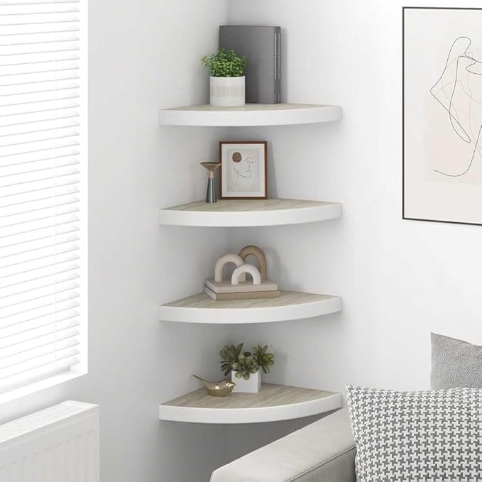 Wall Corner Shelves Set of 4, Floating Corner for Wall, Oak and White MDF Honeycomb Shelves with Invisible Mounting, 13.8x13.8x1.5 Inch, Perfect for Books, Decor, Photos, Home Office Decor