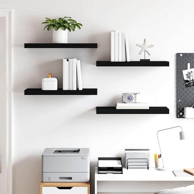 Set of 4 Floating Wall Shelves, 23.6-inch Modern Rectangular Wall Mounted Storage Shelves for Living Room, Bedroom, and Office, Black MDF, Easy Installation
