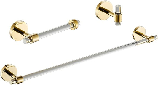 3 Pieces Bathroom Accessories Hardware Set Wall Mounted,Towel Rack 16 inches+Toilet Paper Holder+Hook,Acrylic and Brass,Gold Towel Bar Set SHUNLI