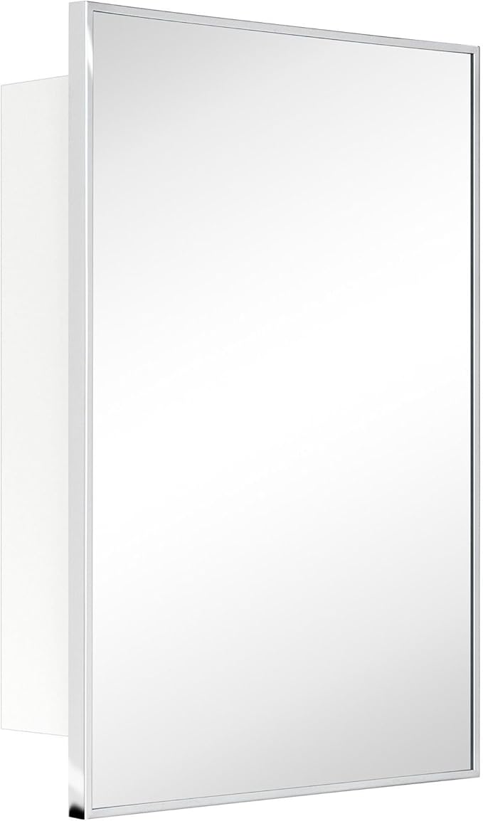 TEHOME 16.5'' x 24'' Chrome Recessed and Surface Mount Bathroom Medicine Cabinet with Mirror Square Cornered Metal Framed Rounded Rectangle Medicine Cabinet Mirror