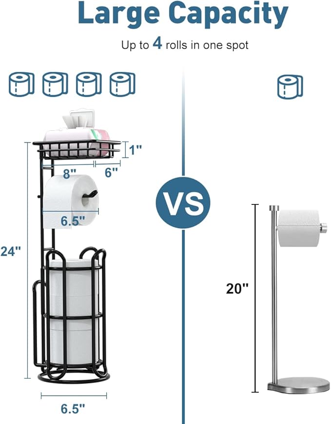 [Upgrade] Toilet Paper Holder Stand with Shelf Tissue Holders for Bathroom Free Standing Bath Tissue Roll Holder Magazine Rack for Mega Rolls/Phone/Wipe-Black
