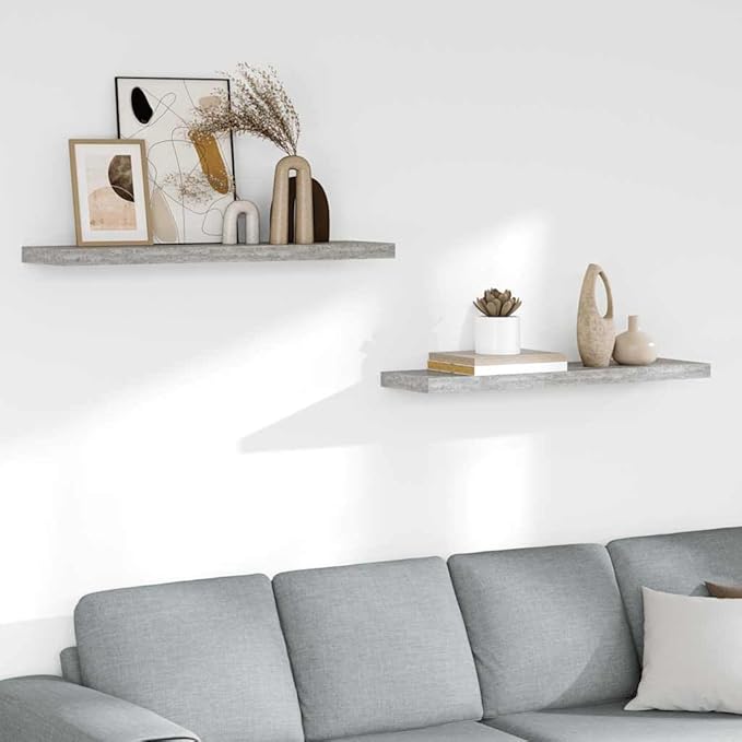 Set of 2 Floating Wall Shelves 35.4 inch, Modern Concrete Grey MDF Display Ledge for Bedroom, Living Room and Office Decor, Rectangular Shelving Unit