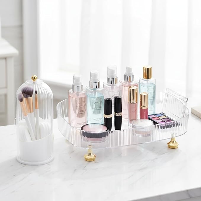 Makeup Organizer 2-Pack, Clear Makeup Brush Holder with Lid + Rotating Tray, Countertop Use, Cosmetic Storage, Make Up Organizers for Counter, Make Up Brush Holder Set for Bathroom Vanity & Dresser