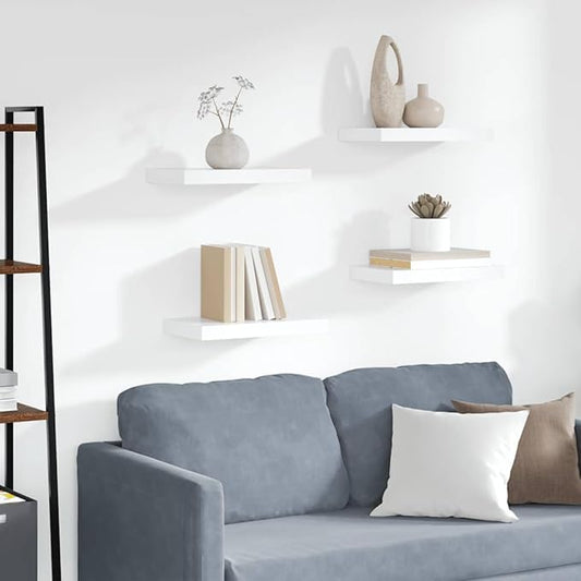 Floating Wall Shelves Set of 4, Modern Rectangular White Wood Wall Mounted Storage Display Ledges for Living Room Bedroom Decor, 15.7 Inch