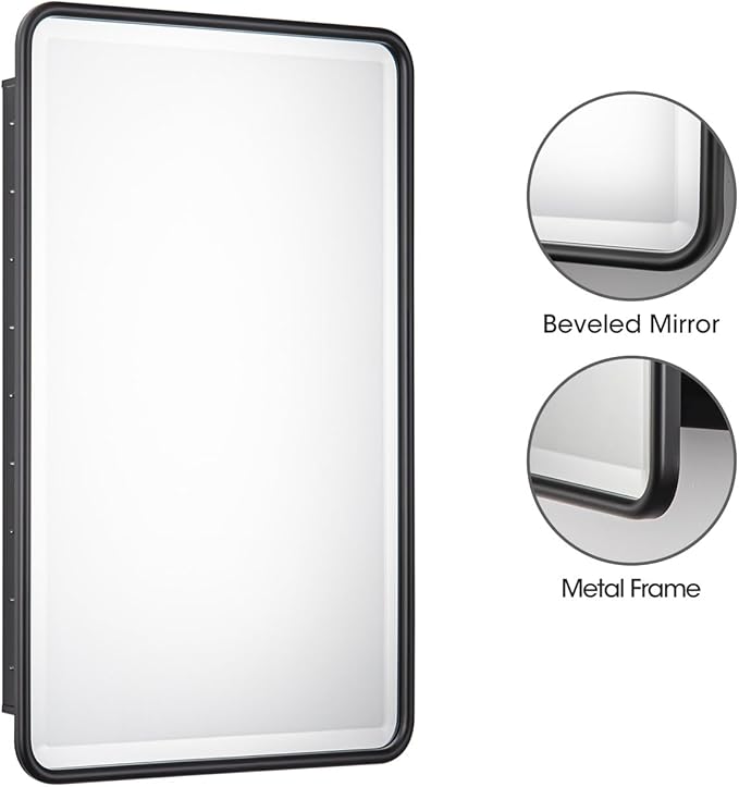 Black Bathroom Medicine Cabinet with Mirror 21 x 34 Metal Frame Recessed Or Wall Mounted Single Door Storage Medicine Cabinets with Adjustable Shelves Rounded Corner Beveled Mirrors