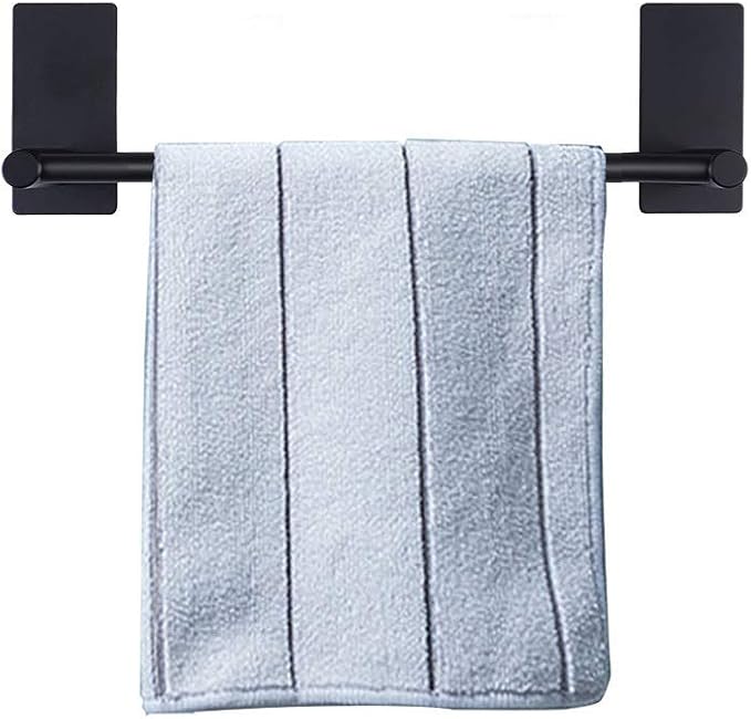 NearMoon Self Adhesive Bathroom Towel Bar- Stainless Steel Bath Wall Shelf Rack Hanging Towel Stick On Sticky Hanger Contemporary Style, NO Drilling (1 Pack, Matte Black, 9-Inch Towel Rack)