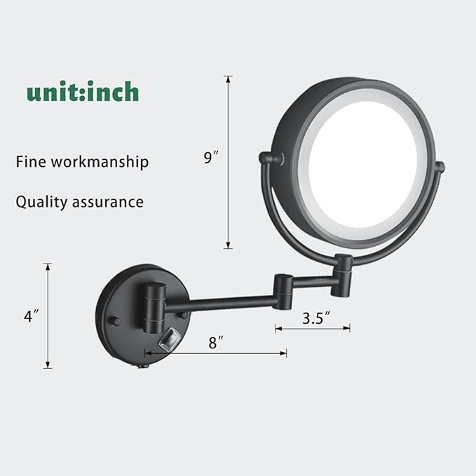 Hardwire LED Lighted Wall Mount Gold Makeup Mirror with 10x Magnification for Bathroom and Bedroom,13" Extendable Arm (Black)