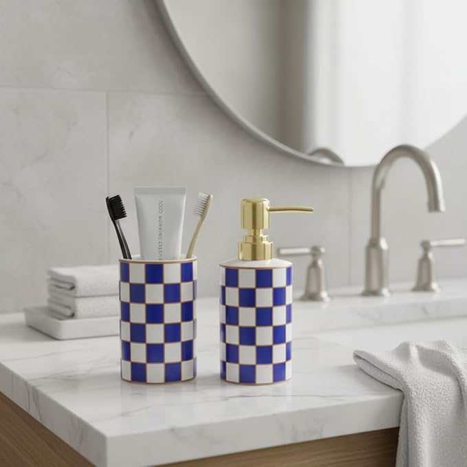 Bathroom Toothbrush Holder Set, Ceramic Checkered Soap Dispenser and Tooth Brush Holder Set, Modern Bathroom Accessories Sets Countertop, Black and White Checkered Bathroom Decor Set (Blue)