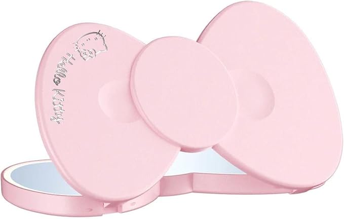 Impressions Vanity Hello Kitty Bow LED Compact Mirror, Double Sided Cute Travel Makeup Mirror, Soft Touch Button with Slide Down Auto Shut Off (Small)