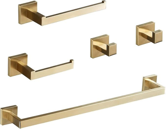 Bathroom Hardware Set 23.6-Inch Towel Bar,2pcs Towel Hook,Toilet Paper Holder,Hand Towel Holder Stainless Steel Brushed Gold Bathroom Accessories GTS3190BG…