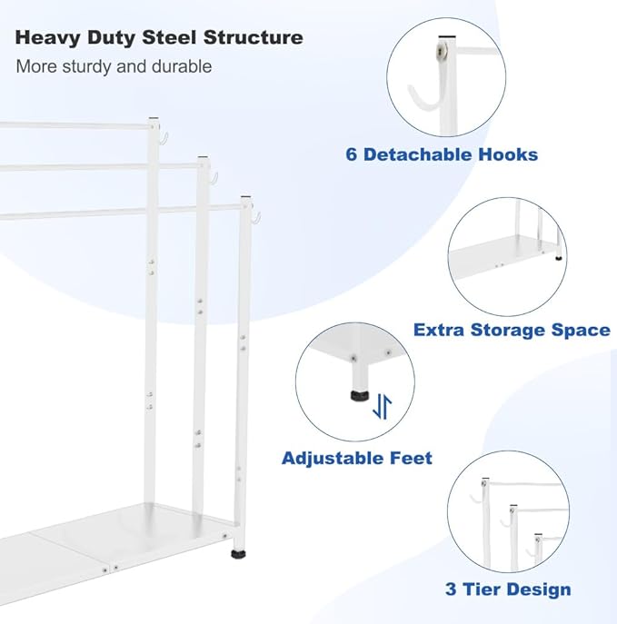Extra Large Free Standing Towel Rack with Metal Storage Shelf & 6 Hooks for Bathroom, 3 Tiers Heavy Duty Blanket Drying Stand Holder for Outdoor Pool, Bedroom, Living Room, White