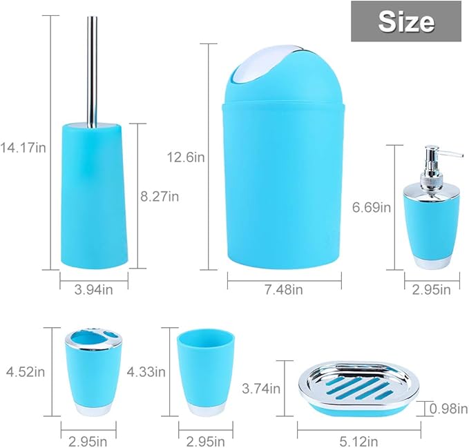 Ejoyous Bathroom Accessories Set 6 Piece Bath Accessory Bathroom Supplies Set with Bin Holder Dish Dispenser Tumbler Toothbrush Holder, Blue