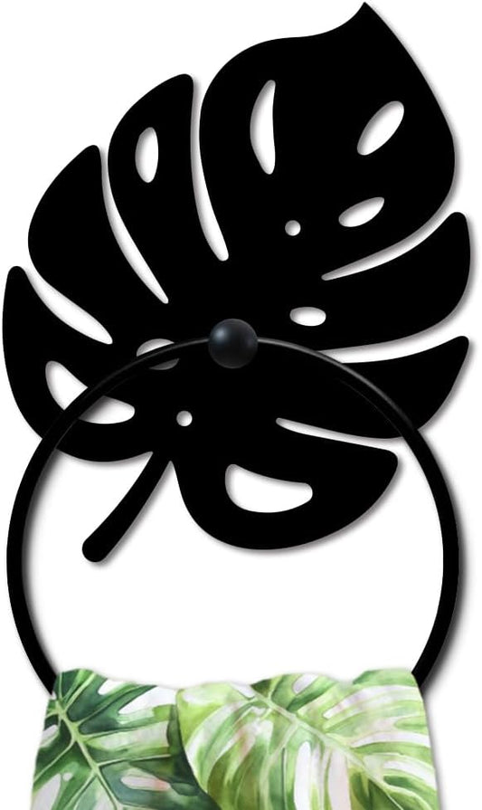 MAYJOYDIY Monstera Leaf Metal Towel Ring Leave Shape Towel Holder Plants Theme Rustic Wall Decor Towel Hanger Black Art Towel Rack Wall Mounted for Bathroom Kitchen Home Decors Gift