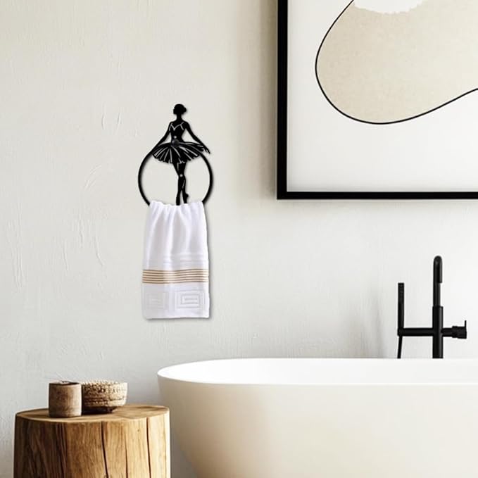MAYJOYDIY Ballet Metal Towel Ring Round Eleglant Ballerina Hand Towel Holder Ring Hanger Black Vintage Towels Wall Organizer for Kitchen Bath Home Laundry Room Decors Gifts