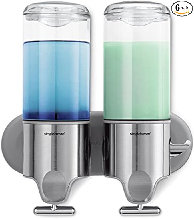 simplehuman Double Wall Mount Shower Pump, 2 x 15 fl. oz. Shampoo and Soap Dispensers, Stainless Steel (Pack of 6)