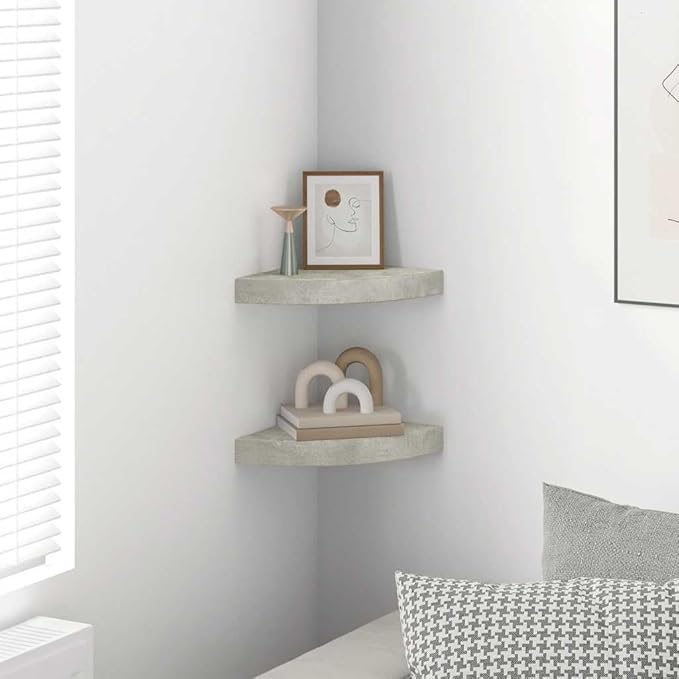 Wall Corner Shelf Set of 2, Small Triangular Floating Shelves for Living Room Bedroom, Modern Concrete Grey MDF Display Storage for Books and Decor