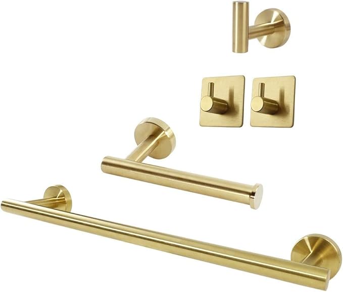 TocTen 5 PCS Bathroom Hardware Set SUS304 Stainless Steel-Towel Rack Set Include Lengthen Hand Towel Bar+Toilet Paper Holder+3 Robe Towel Hooks Bathroom Accessories Towel Bar Set(Brushed Gold,16IN)