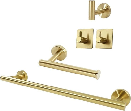 TocTen 5 PCS Bathroom Hardware Set SUS304 Stainless Steel-Towel Rack Set Include Lengthen Hand Towel Bar+Toilet Paper Holder+3 Robe Towel Hooks Bathroom Accessories Towel Bar Set(Brushed Gold,16IN)