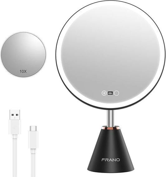 FRANO 10.5" Professional Makeup Mirror with Lights, Rechargeable HD Vanity Mirror, CRI≥98 True-Sunlight, 3 Color Modes & Stepless Dimming, 5000mAh, Valentines Day Gifts for Her