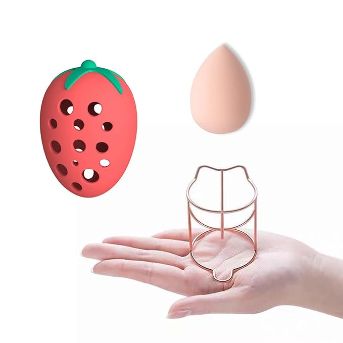 Makeup Sponge Holder Strawberry-shaped Stylish Cosmetic Sponge Storage Case Stainless Steel Makeup Tool Compact & Lightweight Travel-Friendly Cute & Portable Silicone (C「Red + Rose Gold」)