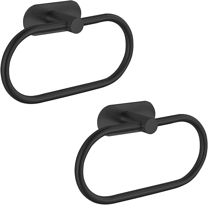 Towel Bar/Bath Towel Ring, Self Adhesive Hand Towel Ring for Bathroom, Stainless Steel Sticky Hand Towel Holder, No Drilling Modern Round Towel Hanger Wall Mounted (2 Pack, Black)