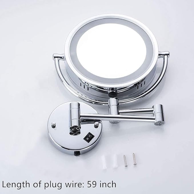 Hardwire LED Lighted Wall Magnifying Mirror for Bathroom with 10x Magnification Sliver,9 Inch Round Surface 13" Extendable Arm Polish Chrome