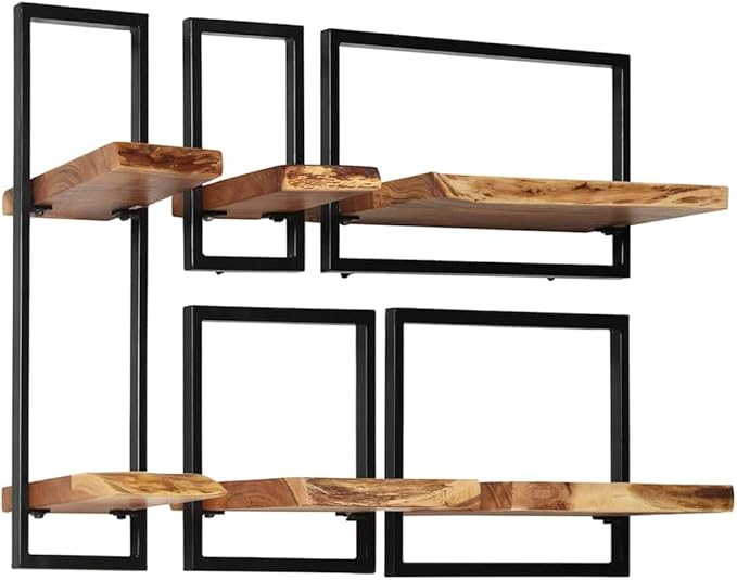 Wall Shelf Set of 5, Rustic Industrial Floating Shelves with Solid Acacia Wood and Powder-Coated Steel Frame, Decorative Wall Mount Storage for Living Room, Bedroom, and Kitchen