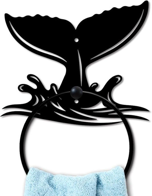 MAYJOYDIY Whale Tail Metal Towel Ring Round Fish Tail Hand Towel Holder Ocean Ring Hanger Wall Mount Black Vintage Towels Wall Organizer for Kitchen Bath Home Laundry Room Decors Gifts