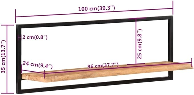 Wall Shelf Set of 2, Rustic Live Edge Acacia Wood Floating Shelves with Industrial Metal Brackets, 39.4 Inch Wall Mounted Display Storage Shelves for Living Room, Bedroom, Office, Brown