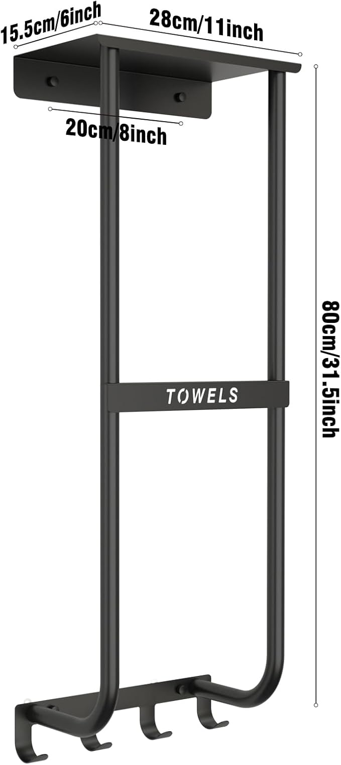 Towel Rack for Bathroom, Black Metal Wall Mounted Towel Holder with Shelf and 4 Hooks, Bathroom Towel Storage Organizer