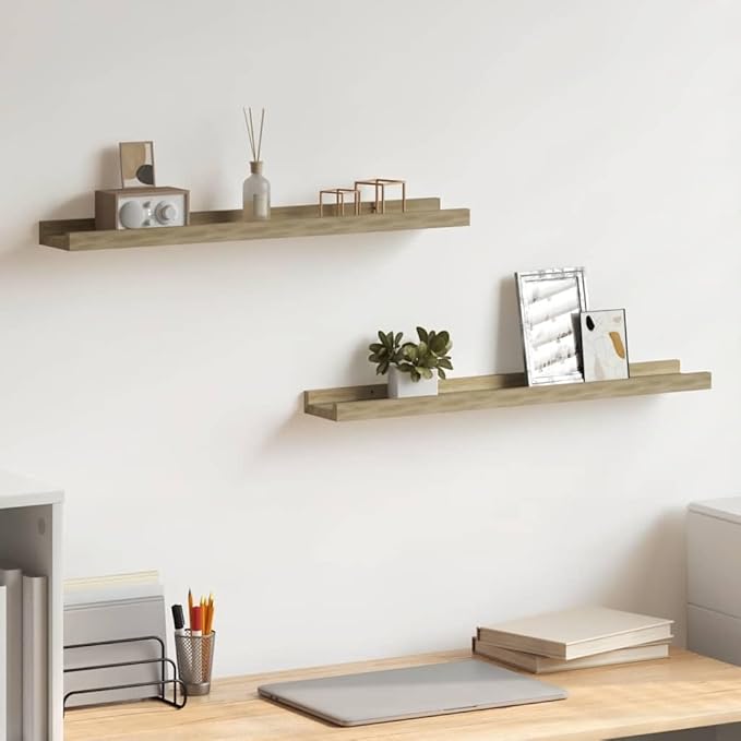 Set of 2 Floating Wall Shelves, 23.6 Inch Sonoma Oak MDF Modern Wall-Mounted Shelving Unit for Bedroom, Living Room, and Office Decor, Rectangular Storage Display