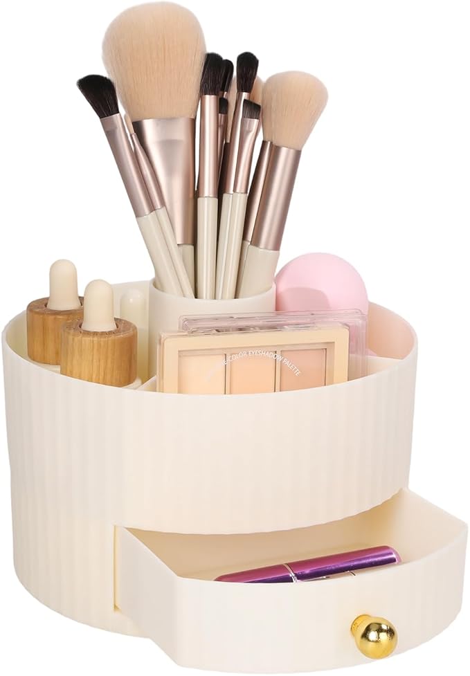 Makeup Brush Organizer Holder with 5 Slots and Drawer, Large Capacity Vanity Desktop Storage Stand for Cosmetics, Skincare Products - Nordic Style Bathroom Countertop Organizer