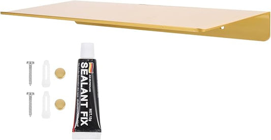 SHINEOFI Punching-Free Wall Mounted Shelf 30cm Brushed Gold Aluminum Bathroom Floating Shelf Adhesive Utility Organizer for Bathroom Kitchen Storage