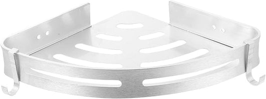Punch-Free Wall-Mounted Storage Rack Bathroom Shelf Triangle Holder Space Aluminum Double Layer with Hooks Silver for Hotel and Home Organization