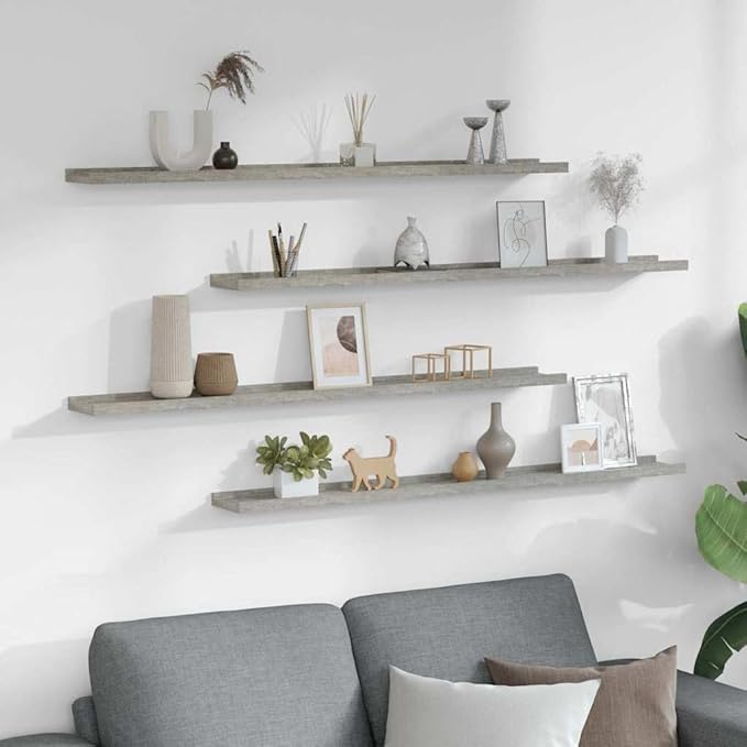 Set of 4 Floating Wall Shelves, 39.4 Inch Modern Concrete Grey MDF Display Ledge, Wall Mounted Shelving for Bedroom, Living Room, and Home Decor