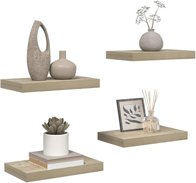 Set of 4 Floating Wall Shelves, Oak Finish Rectangular Display Ledge for Bedroom, Living Room, Modern Wall Mounted Storage Shelving Unit