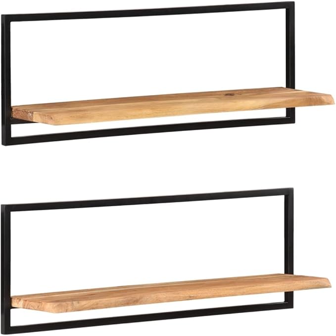 Wall Shelf Set of 2, Rustic Live Edge Acacia Wood Floating Shelves with Industrial Metal Brackets, 39.4 Inch Wall Mounted Display Storage Shelves for Living Room, Bedroom, Office, Brown