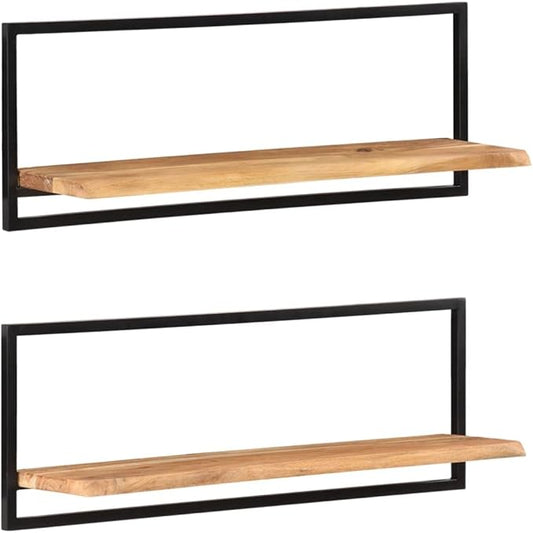 Wall Shelf Set of 2, Rustic Live Edge Acacia Wood Floating Shelves with Industrial Metal Brackets, 39.4 Inch Wall Mounted Display Storage Shelves for Living Room, Bedroom, Office, Brown