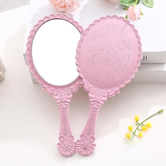 AKOAK Vintage Handheld Makeup Mirror, Exquisite Embossed Decorative Handle Makeup Mirror Portable Travel Mirror for Girls and Ladies (Oval, Pink)