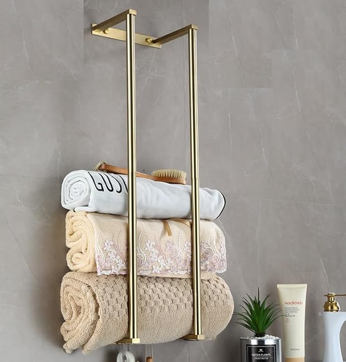 Bathroom Towel Rack for Rolled Towels, Wall Mounted Towel Storage Rack for Bathroom Organization, Stainless Steel Towel Storage Holder Can Holds Up to 6 Large Bath Towels (Gold)
