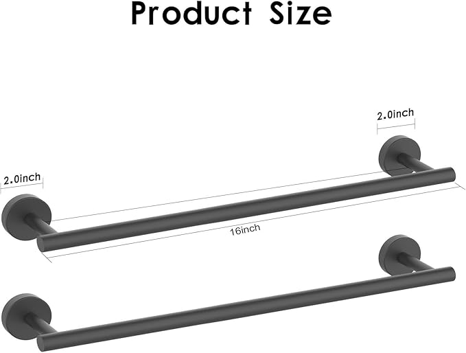 Newfun 16 Inch Matte Black Bathroom Towel Bar, 2Pcs Towel Racks for Bathroom Rod Classic SUS304 Stainless Steel Bathroom Towel Holder Wall Mounted