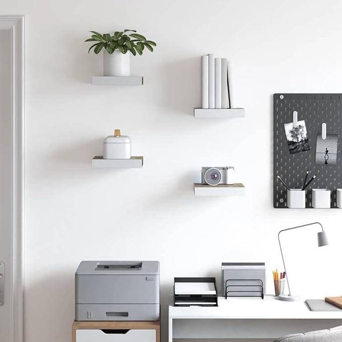 Set of 4 Floating Wall Shelves, Square Honeycomb Decorative Display Shelving for Living Room, Office and Bedroom, Matte White Wood MDF Storage Organizers